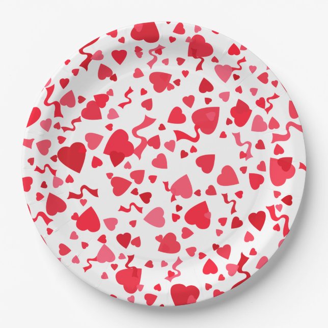  Valentine's Day Red Confetti Hearts Paper Plate (Front)