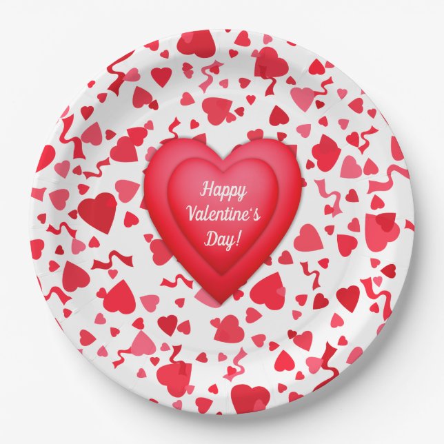 Valentine's Day Red Confetti Hearts  Personalised Paper Plate (Front)