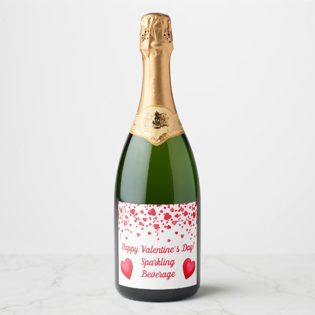 Valentine's Day Red Confetti Hearts Personalised Sparkling Wine Label (Front)