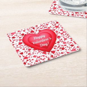 Valentine's Day Red Confetti Hearts Personalised Square Paper Coaster