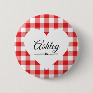 Valentine's Day Red Gingham Heart Custom Name 6 Cm Round Badge