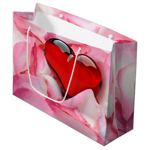 Valentine's Day Red Glass Heart Rose Petals Large Gift Bag