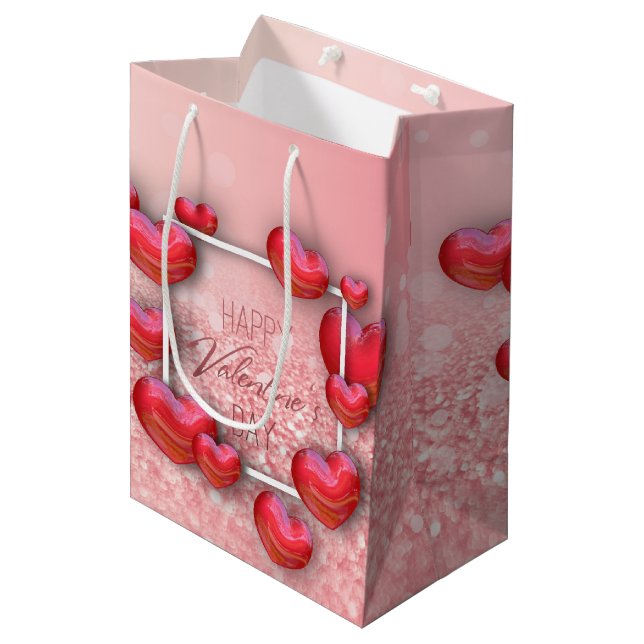Valentines Day Red Heart Glitter Medium Gift Bag (Front Angled)