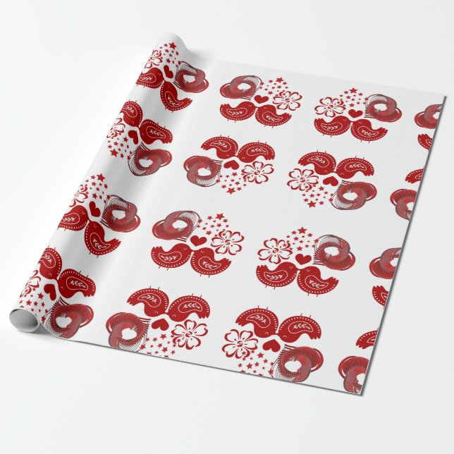 Valentine's Day Red Heart Love Birds Wrapping Paper (Unrolled)