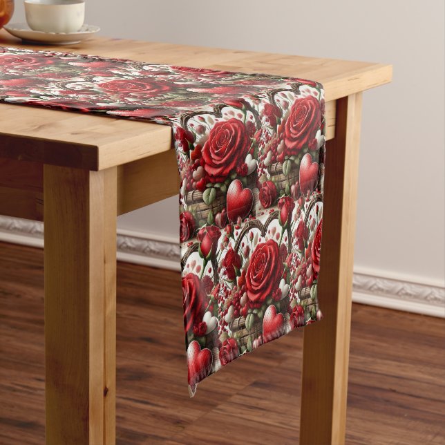 Valentine's Day Red hearts and Roses Floral  Short Table Runner (In Situ)