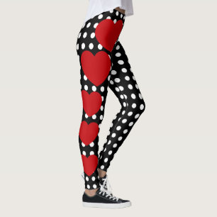 Valentines Day Red Hearts Black White Polka Dot Leggings