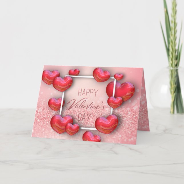 Valentine's Day Red Hearts Glitter Greeting Card (Front)