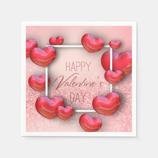 Valentine's Day Red Hearts Glitter Paper Napkin (Front)