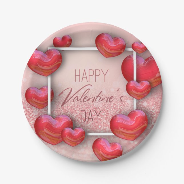 Valentine's Day Red Hearts Glitter Paper Plate (Front)