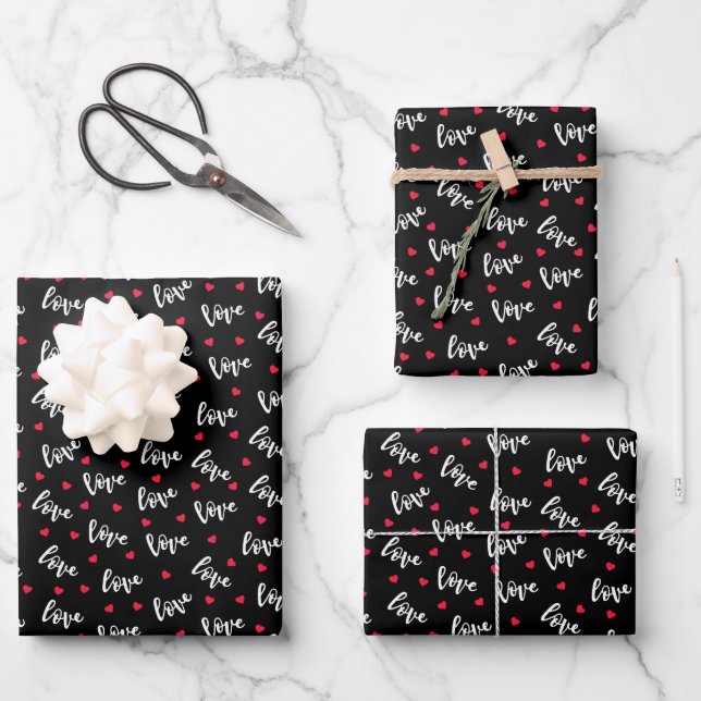 Valentine's Day Red Hearts Romantic Love Black Wrapping Paper Sheet (Front)