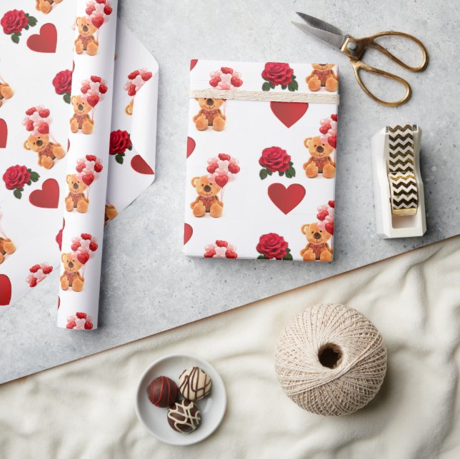 Valentine's Day Red Hearts Teddy Bear Craft  Wrapping Paper (Crafts)