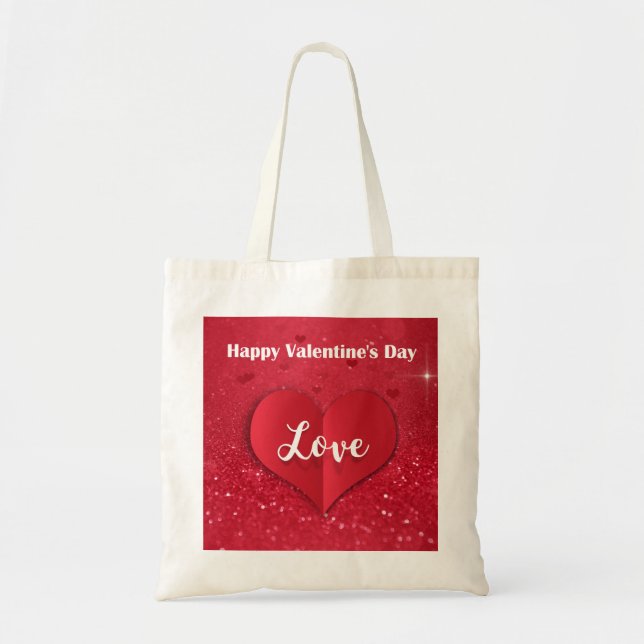 Valentines Day Red Paper Heart Glitter Budget Tote (Front)