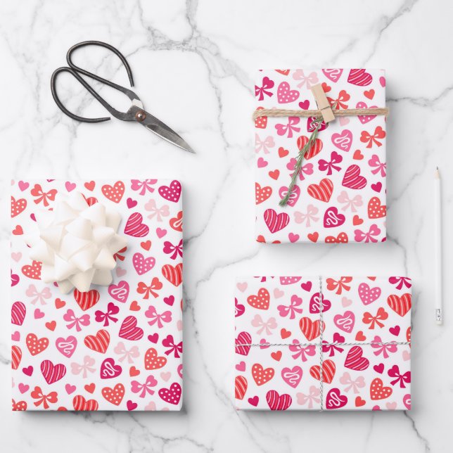 Valentine's Day Red Pink Hearts Bows Wrapping Paper Sheet (Front)