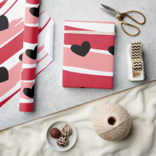 Valentines Day Red Pink Stripes Black Hearts  Wrapping Paper