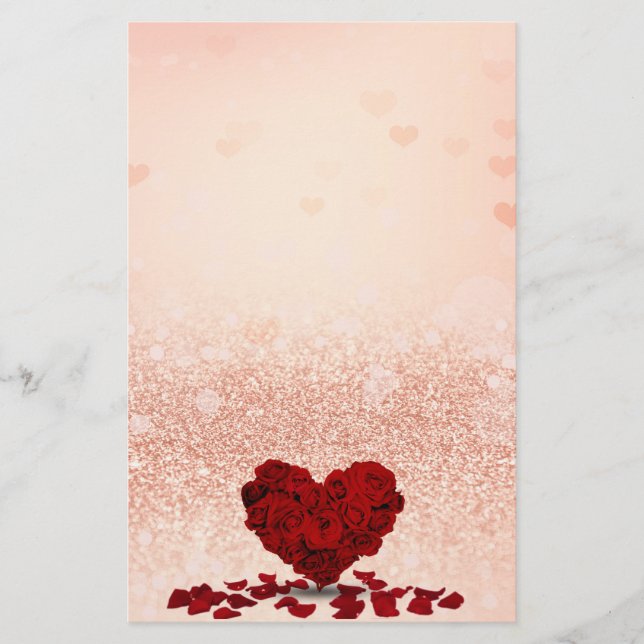 Valentines Day Red Rose Heart Bouquet Pastel Peach Stationery (Front)