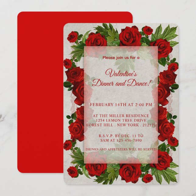 Valentine's Day Red Roses Frame Invitation (Front/Back)