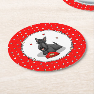 Valentine's Day (red) Scottie Dog (black) Cute Round Paper Coaster