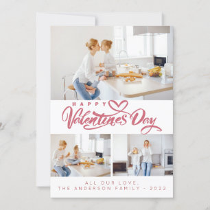 Valentine's Day  Red Script 3 Collage Multi-Photo  Holiday Card