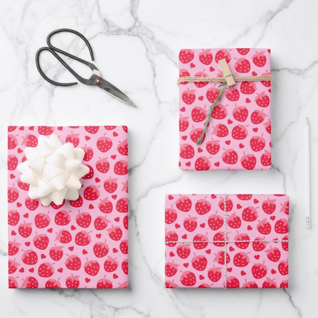 Valentine's Day Red Strawberries Red Hearts Pink Wrapping Paper Sheet (Front)