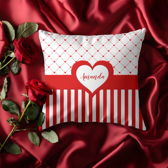 Valentine's Day Red White Heart Striped Pattern Cushion (Creator Uploaded)