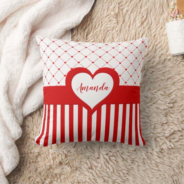 Valentine's Day Red White Heart Striped Pattern Cushion (Blanket)