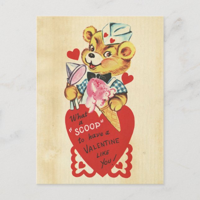 Valentine's Day Retro Bear Kids Red Heart Pun Girl Holiday Postcard (Front)