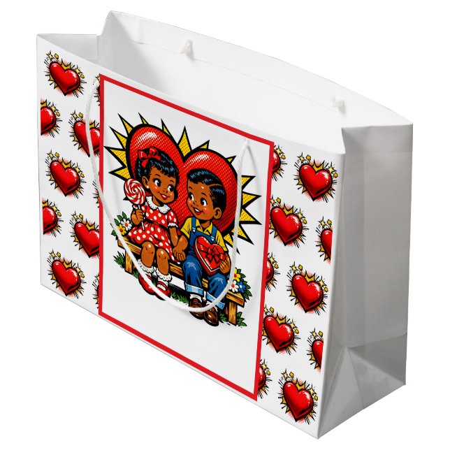 Valentine's Day | Retro Pop Art Boy and Girl Large Gift Bag (Back Angled)