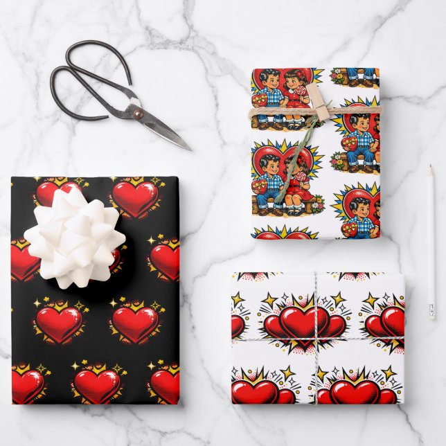Valentine's Day | Retro Pop Art Boy and Girl Wrapping Paper Sheet (Front)