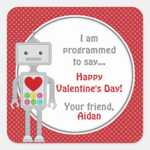 Valentine's Day Robot, Kids Personalised Valentine Square Sticker