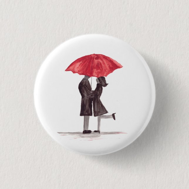 Valentine's day romantic couple with red umbrella 3 cm round badge (Front)
