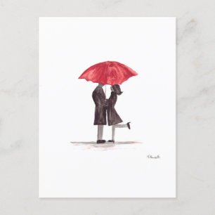 Valentine's day romantic couple with red umbrella holiday postcard