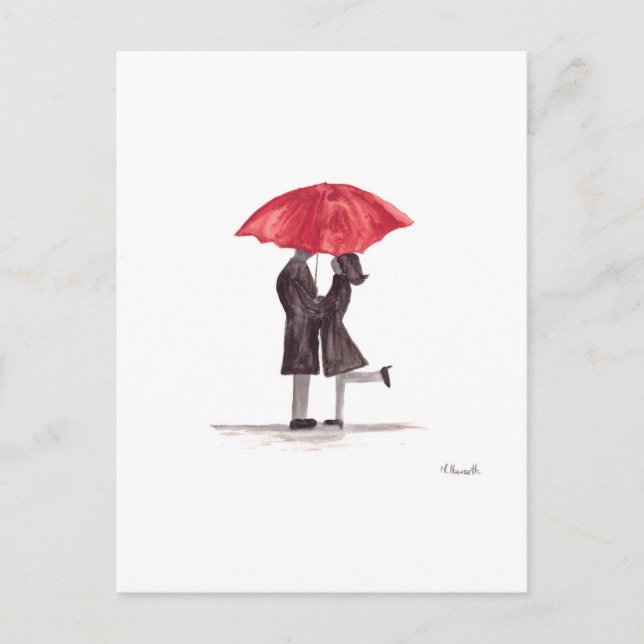 Valentine's day romantic couple with red umbrella holiday postcard (Front)