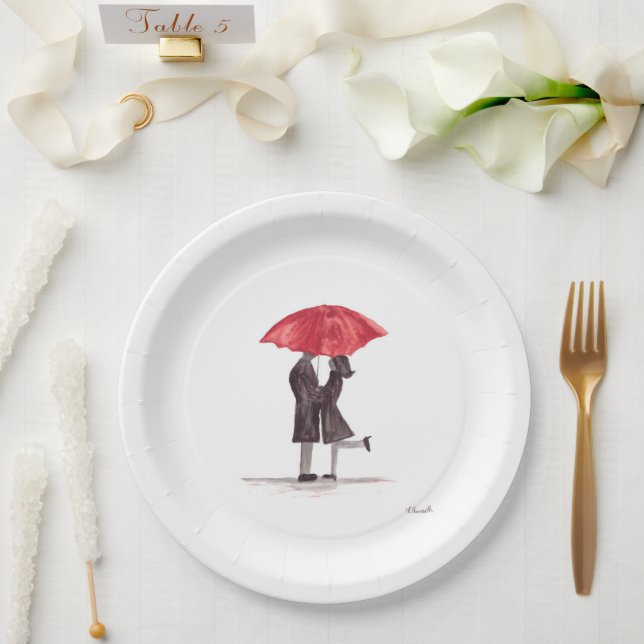Valentine's day romantic couple with red umbrella  paper plate (Wedding)