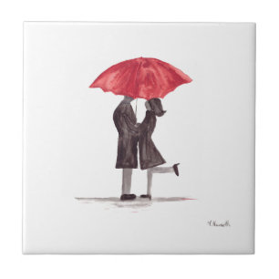Valentine's day romantic couple with red umbrella tile