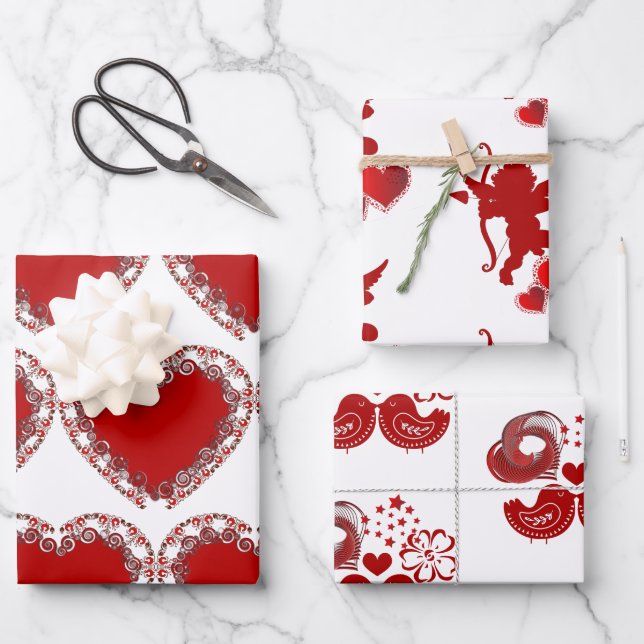  Valentines Day Romantic Heart LoveBirds Cupid Art Wrapping Paper Sheet (Front)