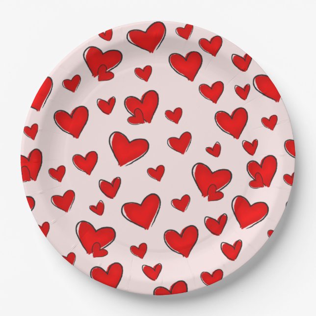 Valentine's Day Romantic Red Hearts Holiday Pink Paper Plate (Front)