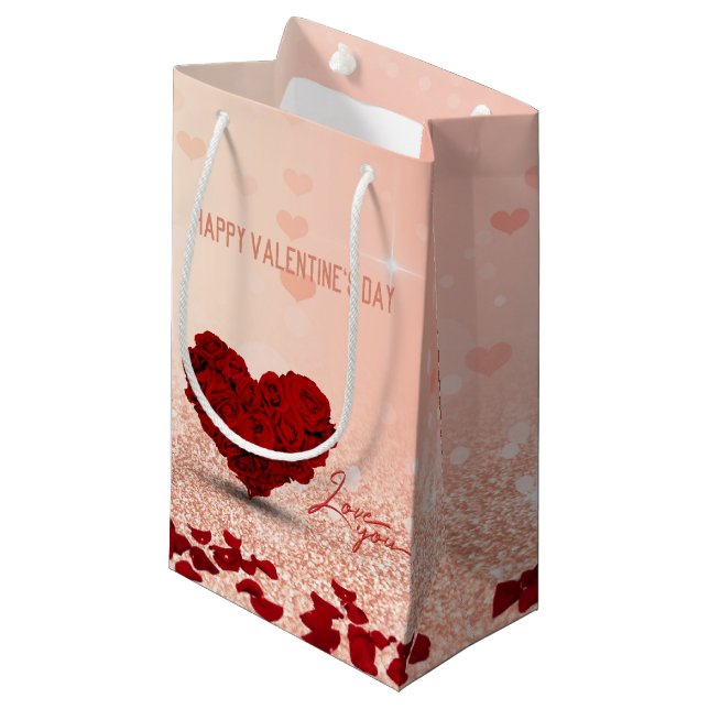 Valentine's Day Rose Heart Bouquet Small Gift Bag (Front Angled)