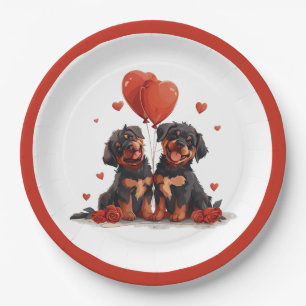 Valentines Day Rottweiler Dogs Paper Plate