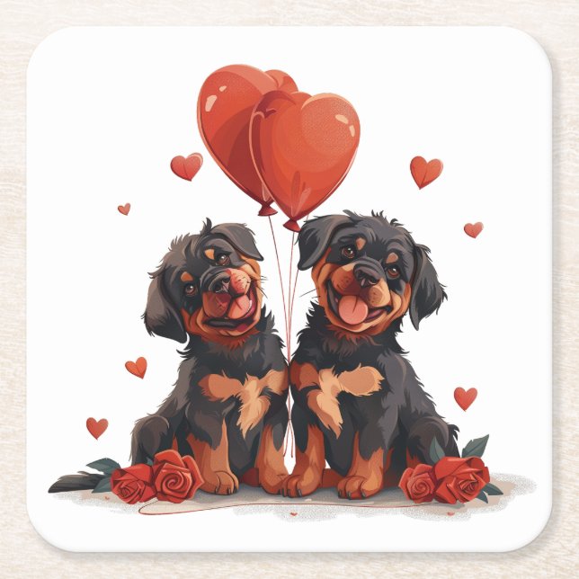Valentines Day Rottweiler Dogs Square Paper Coaster (Front)