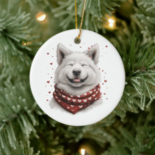 Valentines Day Samoyed Dog Ceramic Tree Decoration