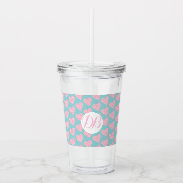 Valentines Day Scribble Hearts Monogram Acrylic Tumbler (Front)