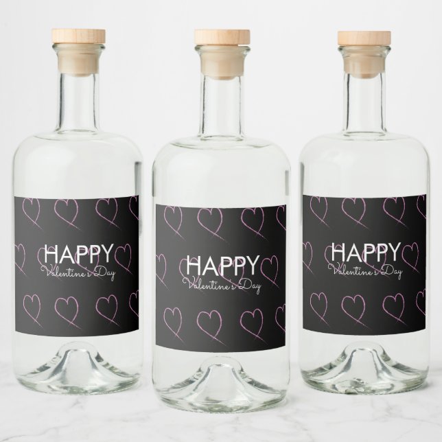 Valentines Day Scribble Hearts Pink Black     Liquor Bottle Label (Bottles)