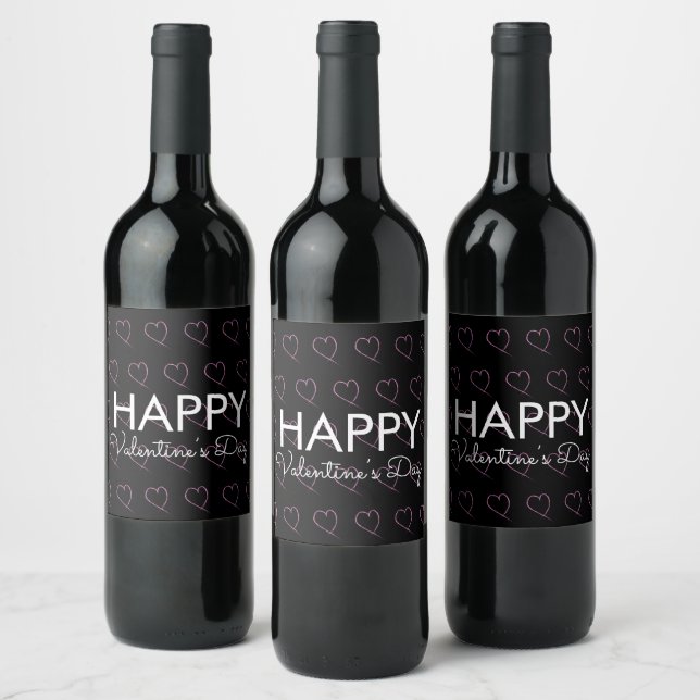 Valentines Day Scribble Hearts Pink Black    Wine Label (Bottles)