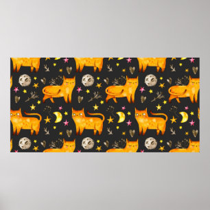 Valentine's day seamless pattern with cats, stars  poster