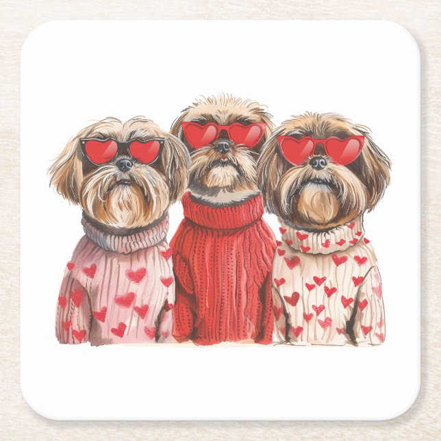 Valentines Day Shih Tzu Dogs Square Paper Coaster (Front)
