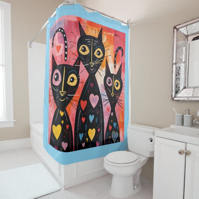 Valentine's Day Shower Curtain, Cats Hearts Shower Curtain (In Situ)