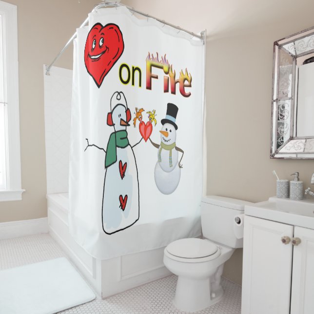 Valentine's Day Shower Curtain, Heart Fire Snowman Shower Curtain (In Situ)