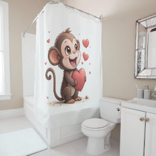 Valentine's Day Shower Curtain, Monkey Red Heart Shower Curtain