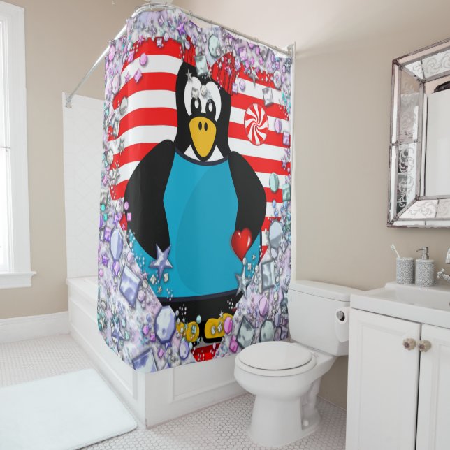 Valentine's Day Shower Curtain, Penguin Shower Curtain (In Situ)
