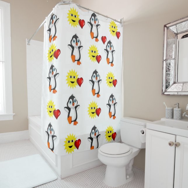 Valentine's Day Shower Curtain, Penguin Shower Curtain (In Situ)